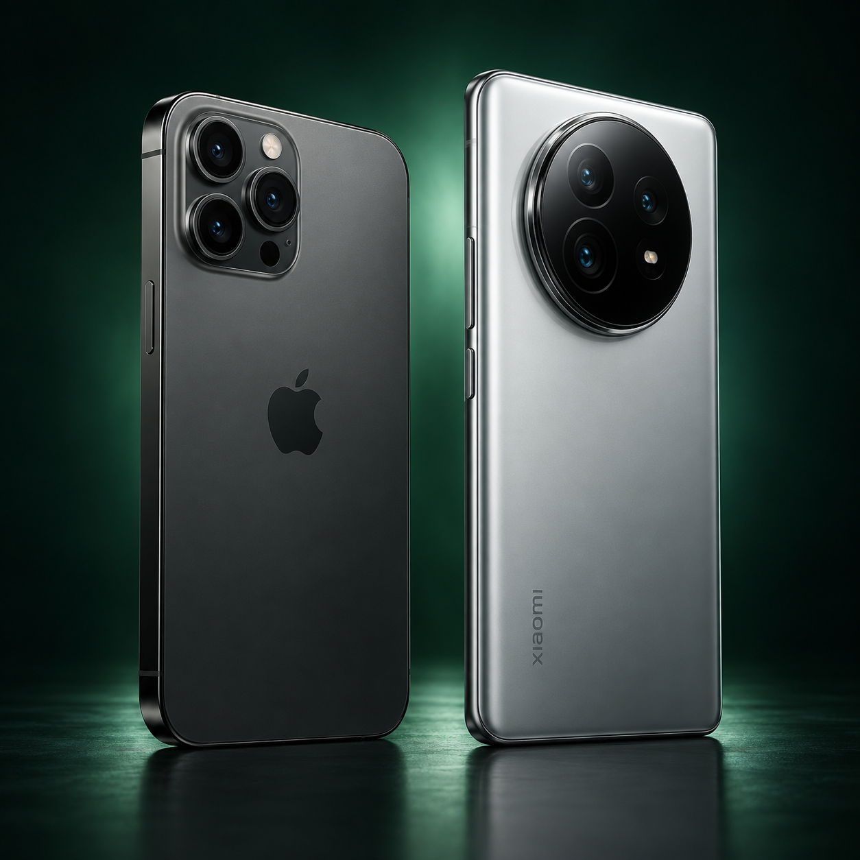 iPhone e Xiaomi lado a lado sobre um fundo verde-escuro
